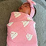 Elsi-Mae is registered to the contest to win money with this photo: baby, sleeping, blanket, pink, headband, bow, carpet, pattern, infant, wrapped, cute, soft, child, peaceful, indoors, resting, newborn, face, clothing, comfort