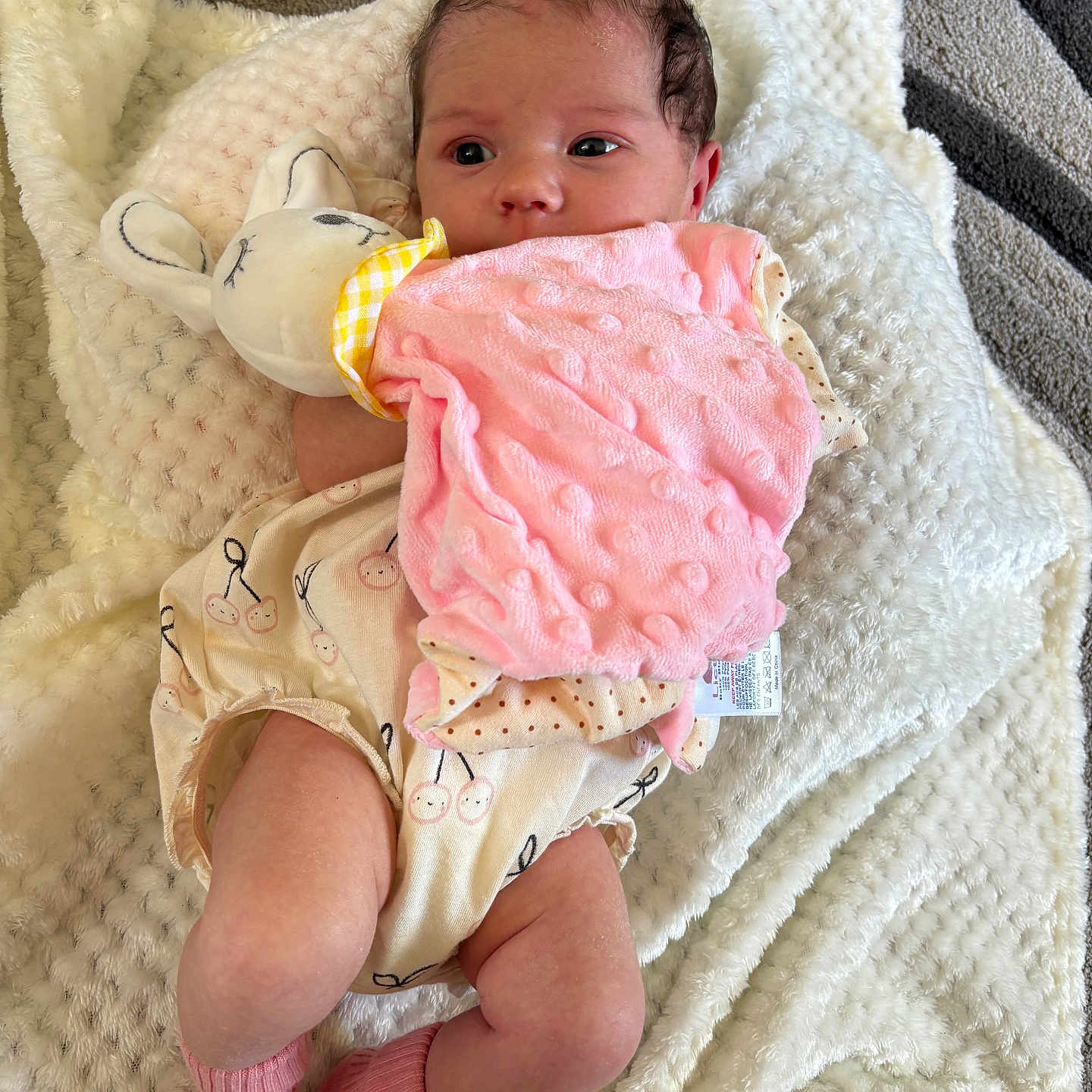 Elsi-Mae is registered to the contest to win money with this photo: baby, blanket, child, clothing, comfort, cozy, cute, face, indoor, infant, legs, lying_down, newborn, person, pink_socks, plush_toy, resting, skin, sleepy_toy, soft_texture