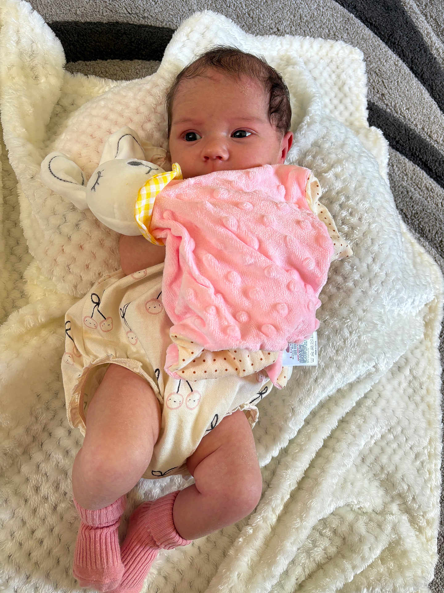Elsi-Mae is registered to the contest to win money with this photo: baby, infant, blanket, plush_toy, pink_socks, soft_texture, cute, newborn, sleepy_toy, indoor, cozy, child, person, lying_down, clothing, face, legs, skin, comfort, resting