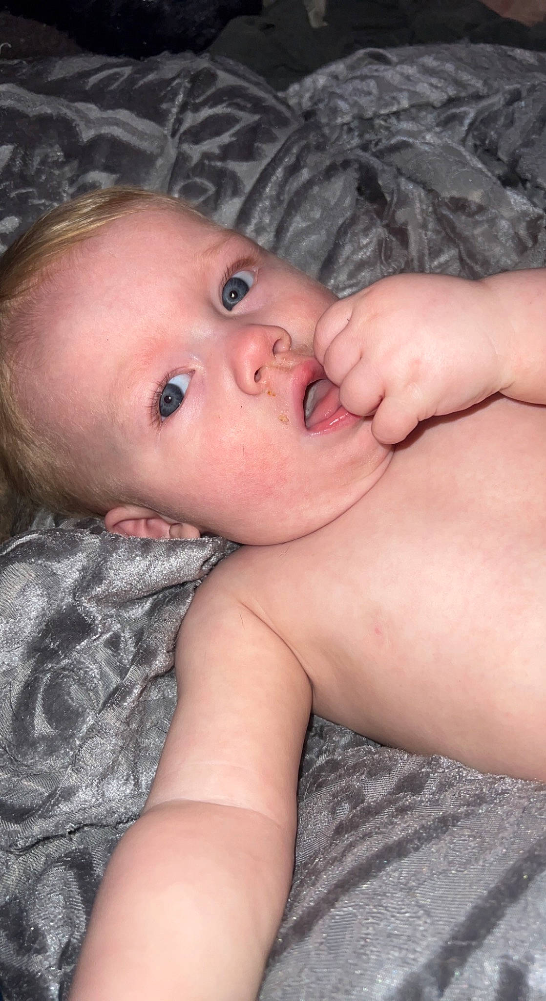 Daxton is registered to the contest to win money with this photo: abdomen, baby, baby_toddler_clothing, cheek, chest, child, close_up, comfort, eye, eyelash, flash_photography, gesture, happy, human_body, lip, mouth, nose, person, skin, thumb