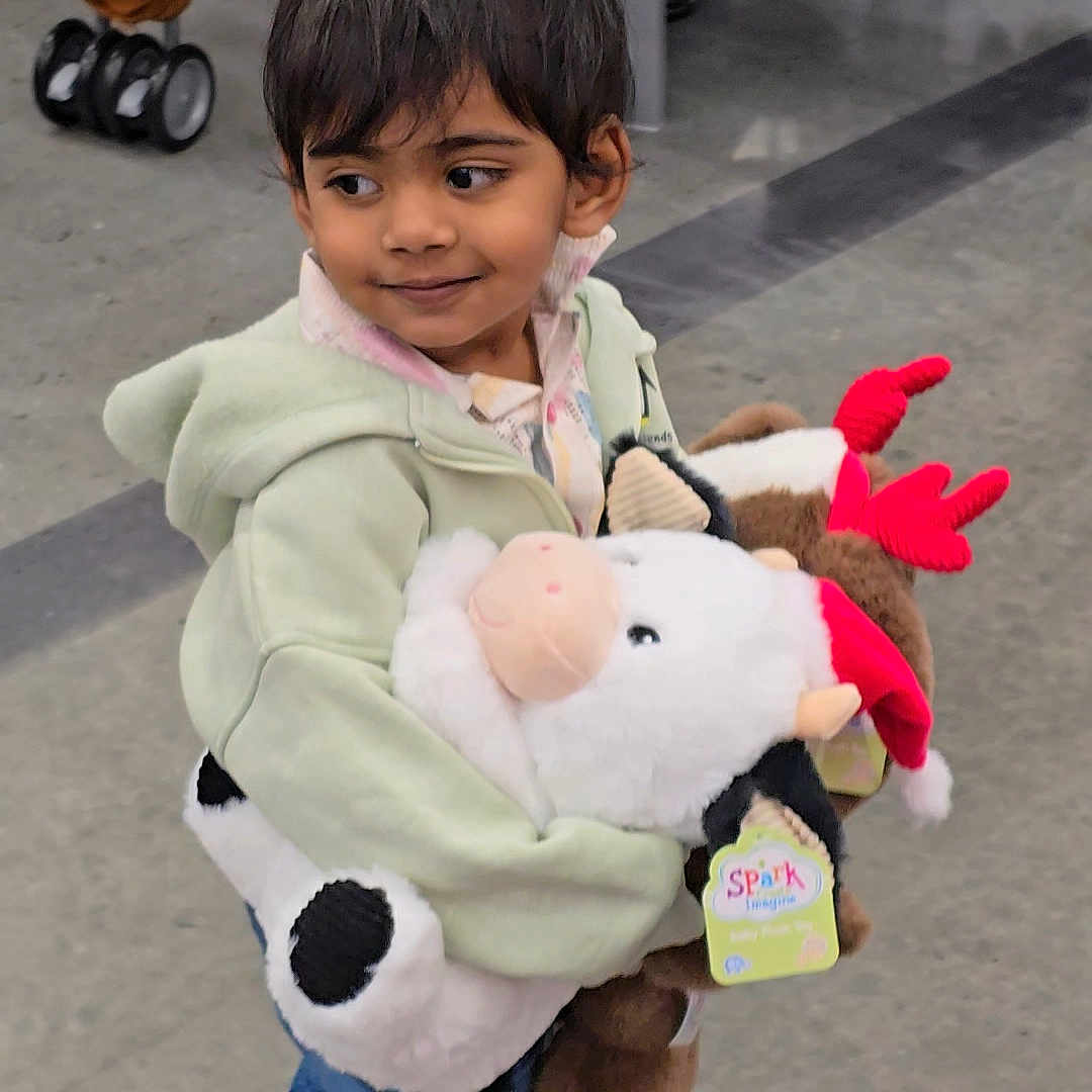 Harshiv is registered to the contest to win money with this photo: aisle, child, cow, cute, floor, green_hoodie, holding, indoor, jeans, kid, person, plush_toy, red_antlers, reindeer, shopping, smile, sneakers, store, strollers, toy