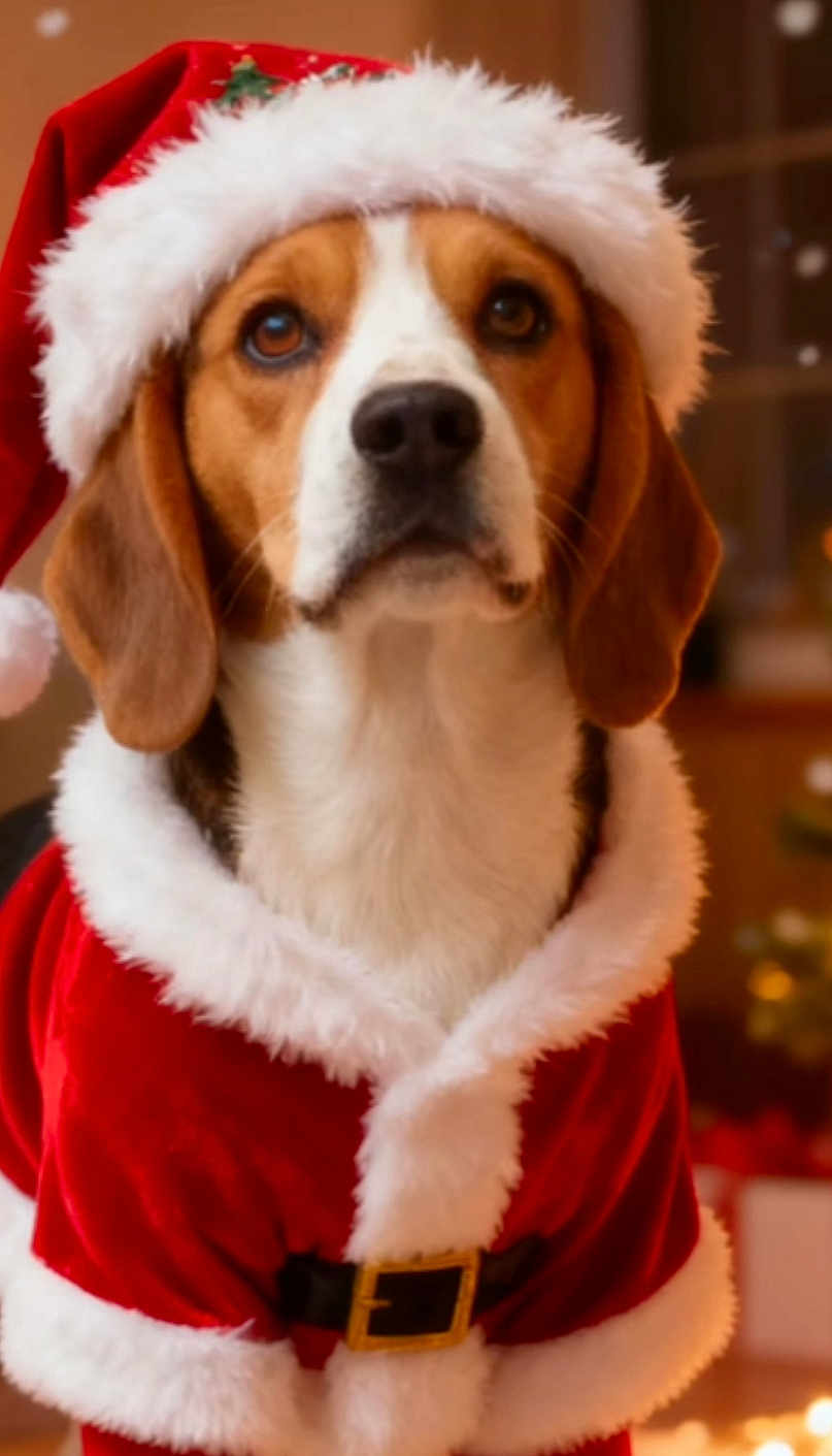 Uzzi participe au concours pour gagner de l'argent avec cette photo : dog, beagle, santa_hat, christmas_costume, holiday, festive, pet, animal, cute, fur, brown, white, ears, portrait, indoors, seasonal, costume, celebration, warm, adorable