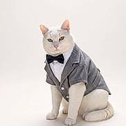 Remy joined the competition — help win amazing prizes! cat, white_cat, pet, animal, feline, bow_tie, suit, clothing, formal_wear, portrait, studio, white_background, cute, fashion, posing, domestic_animal, sitting, indoor, well_dressed, adorable