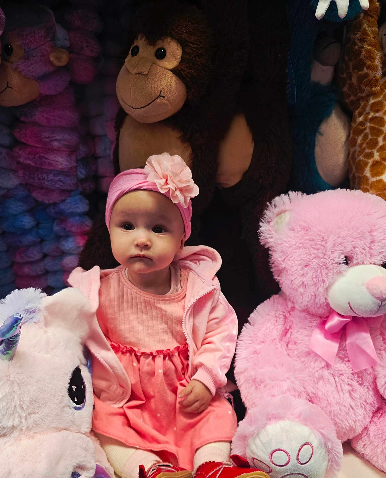 Medeina is registered to the contest to win money with this photo: baby, child, pink_dress, headband, flower, plush_toy, unicorn, monkey, teddy_bear, stuffed_animal, sitting, indoors, cute, portrait, soft_toys, childrens_toy, toy_collection, child_fashion, serious_expression, colorful