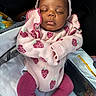 baby, sleeping, pink_sweater, strawberry_pattern, headband, car_seat, tights, infant, cute, cozy, child, peaceful, portrait, clothing, resting, adorable, closeup, indoor, person, newborn