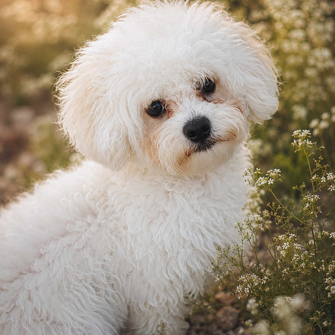 Appy a rejoint le concours — aidez-le/la à gagner de superbes lots ! dog, white_dog, fluffy, curious, head_tilt, outdoor, flowers, nature, sunlight, portrait, cute, animal, pet, grass, closeup, fur, small_dog, garden, daylight, friendly