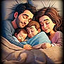 animated, bed, blanket, cartoon, child, cozy, cuddle, family, father, happy, home, love, mother, parent, portrait, relaxation, rest, sleeping, toddler, together
