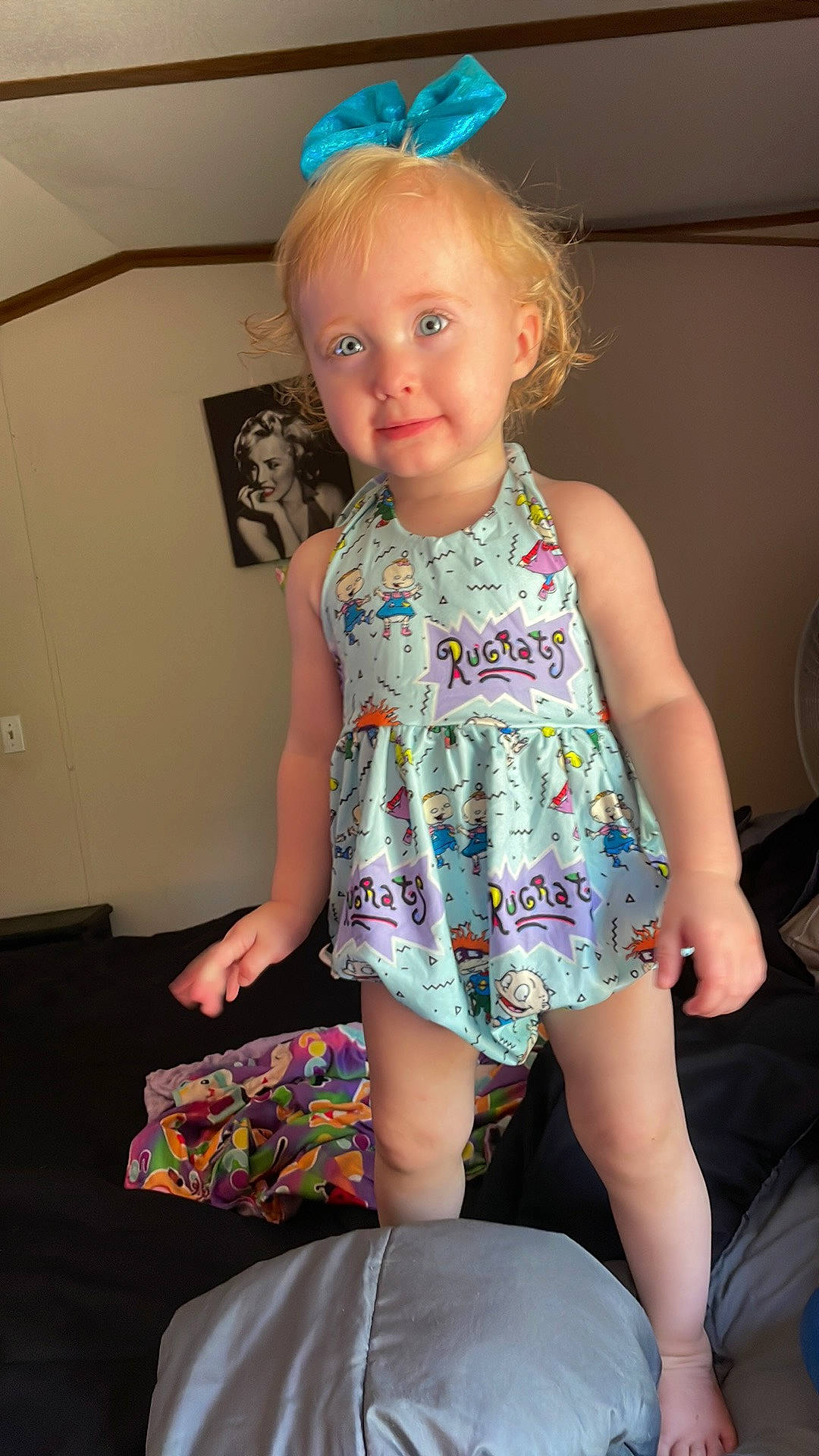 Madilynn joined the competition — help win amazing prizes! baby_toddler_clothing, blue, eye, fashion_design, fun, hair, hairstyle, happy, human_body, iris, knee, magenta, neck, party_hat, person, pink, sleeve, standing, thigh, toddler
