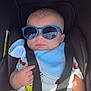 baby, sunglasses, car_seat, bib, pacifier, safety_harness, child, seatbelt, infant, clothing, hand, face, head, sunlight, reflection, cute, portrait, indoor, accessory, relaxing