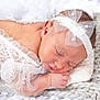 Nuria joined the competition — help win amazing prizes! baby, newborn, sleeping, white, lace, headband, pearls, blanket, knit, infant, soft, peaceful, cute, rest, portrait, child, closeup, delicate, hand, face