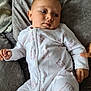 baby, infant, onesie, bear_print, white_clothing, soft_blanket, grey_blanket, hand, lying_down, cute, child, portrait, indoors, face, skin, expression, comfort, cozy, newborn, sleepwear