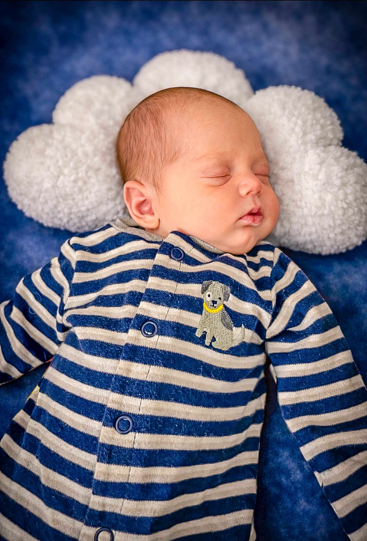 Weston joined the competition — help win amazing prizes! baby, sleeping, striped_clothing, onesie, blue, white, pillow, soft_texture, infant, cute, peaceful, child, portrait, closeup, indoor, cozy, newborn, face, head, resting