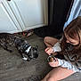 Holly is registered to the contest to win money with this photo: person, dog, floor, kitchen, food, cup, spoon, sitting, casual, brindle_dog, wooden_floor, cabinet, footwear, shorts, sweatshirt, curious, indoor, home, pet, interaction