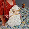 blanket, cat, cozy, cute, fabric, feline, floral_pattern, grumpy, hand, home, hood, indoor, nap, orange_shirt, person, pet, seated, table, tablecloth, wrapped