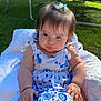 baby, child, girl, outdoor, sunlight, dress, blue_and_white, floral_pattern, blanket, grass, hair_clip, pony_tail, cute, sitting, person, nature, garden, happy, summer, infant