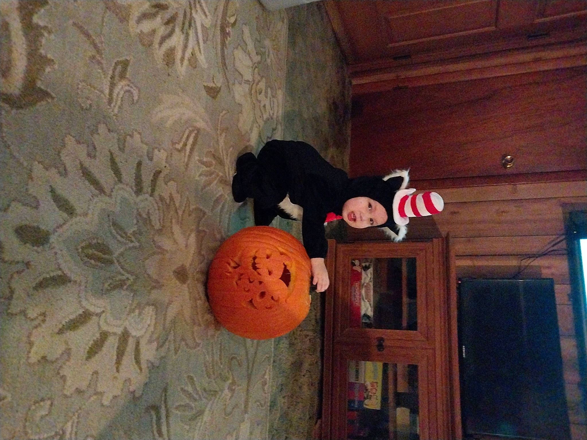 Hensley is registered to the contest to win money with this photo: art, ball, calabaza, carving, cucurbita, door, flooring, fun, gourd, hardwood, hat, headwear, jack_o_lantern, orange, person, pumpkin, vegetable, visual_arts, window, winter_squash