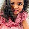 child, girl, toddler, portrait, smiling, happy, indoors, pink_dress, frilly_dress, hair_bow, long_hair, brown_hair, brown_eyes, teeth, close_up, sitting, fashion, home, framed_picture, photography