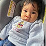baby, child, car_seat, sweater, winnie_the_pooh, warning_label, jeans, face, person, indoors, seat, clothing, cute, portrait, expression, young_child, infant, hair, sitting, serious