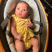 Georgia joined the competition — help win amazing prizes! baby, infant, yellow_clothing, baby_seat, cushion, face, skin, human, child, indoor, seatbelt, wood, fabric, newborn, portrait, cute, small_hands, legs, expression, comfort