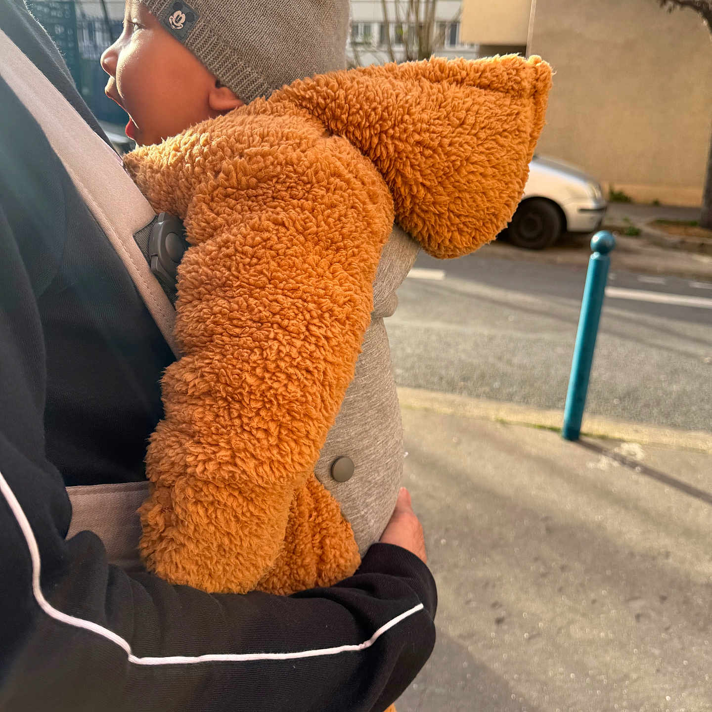 Diyansh a rejoint le concours — aidez-le/la à gagner de superbes lots ! adult, baby, car, child, costume, cute, daytime, happy, holding, hooded_jacket, outdoor, person, pom_pom_hat, side_profile, street, sunlight, toddler, tree, urban, warm_clothing