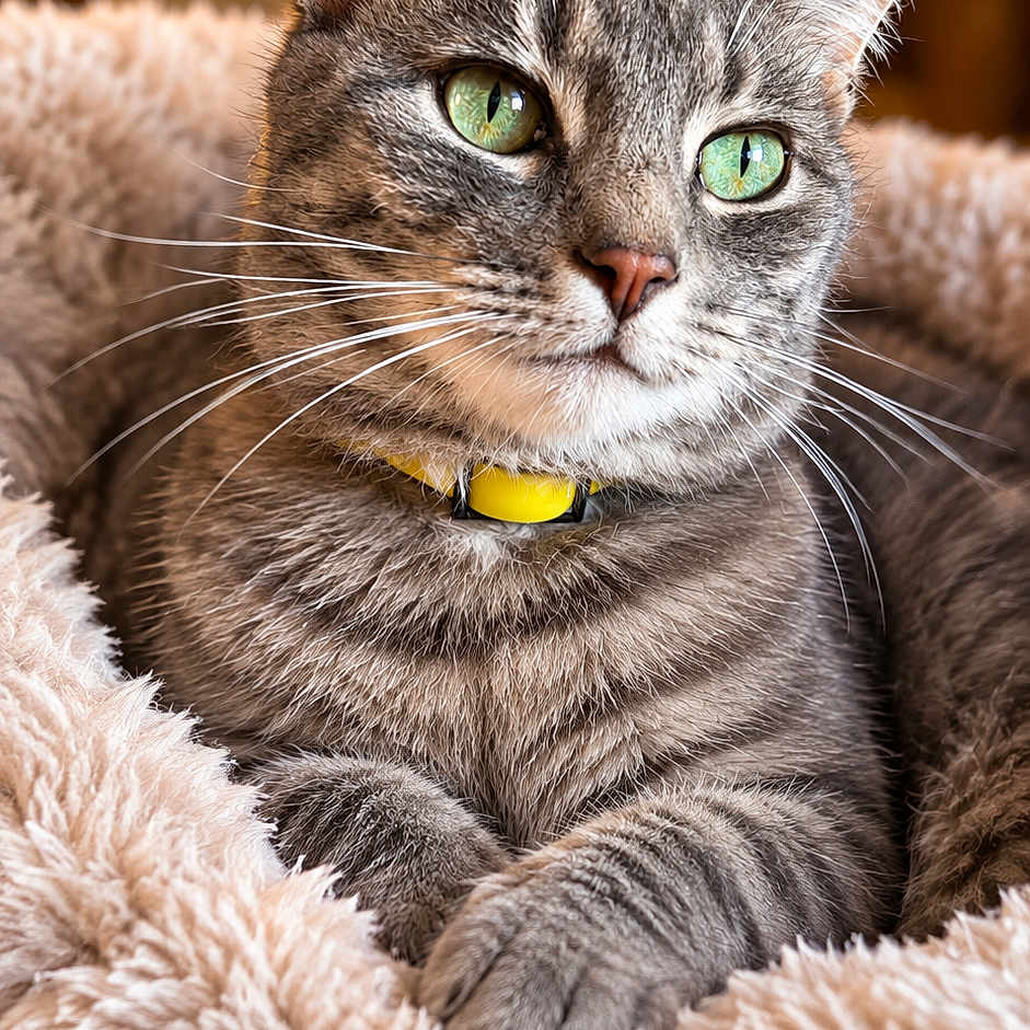 Minou participe au concours pour gagner de l'argent avec cette photo : cat, tabby, gray_cat, green_eyes, yellow_collar, whiskers, ears, furry, pet, animal, portrait, close_up, indoor, cozy, fluffy_bed, soft_blanket, warm_lighting, bokeh, relaxed, sitting