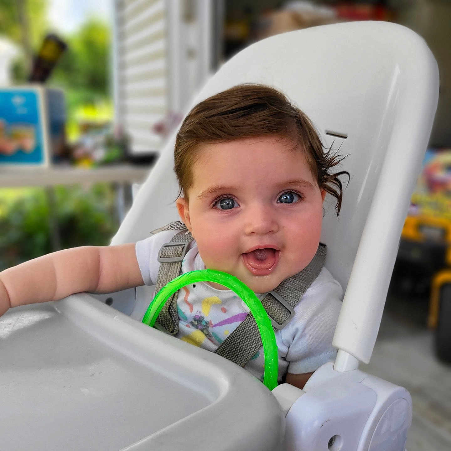 Hayzleigh joined the competition — help win amazing prizes! baby, blue_eyes, child, clothing, cute, face, hair, hand, happy, high_chair, indoor, infant, mouth_open, person, plastic, playful, seat, smiling, straps, toy