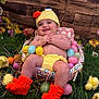 baby, basket, child, colorful, costume, crocheted_boots, crocheted_hat, cute, easter_eggs, flowers, grass, holiday, indoors, infant, playful, portrait, smiling, spring, wooden_background, yellow_chicks