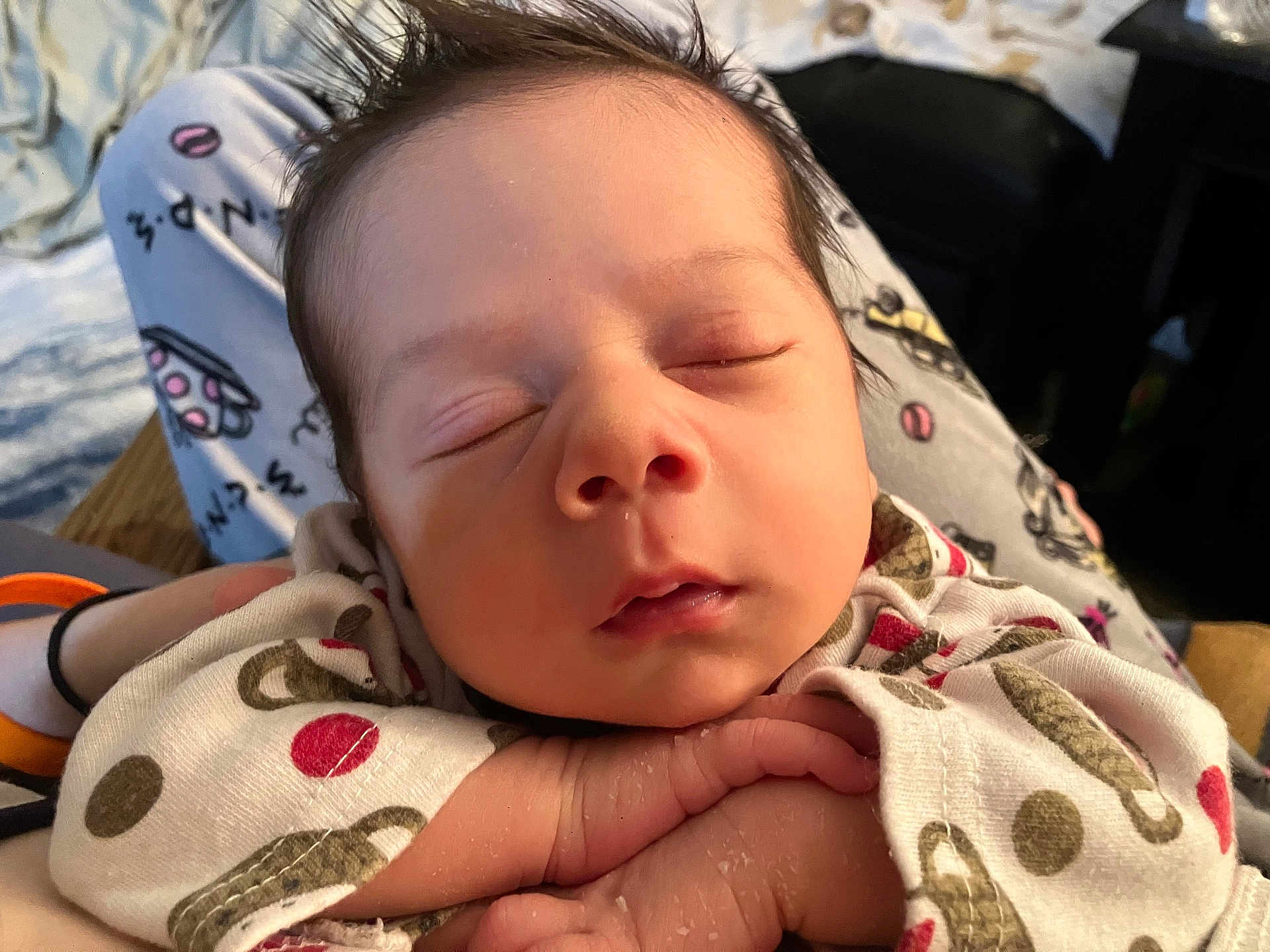 Oso joined the competition — help win amazing prizes! baby, sleeping, newborn, face, hands, clothing, onesie, cute, peaceful, infant, skin, hair, resting, portrait, closeup, child, person, indoors, soft_light, cozy