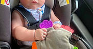 River joined the competition — help win amazing prizes! baby, blue_eyes, car_seat, child, closeup, clothing, colorful, cute, fabric, foot, hand, indoor, infant, person, plush_toy, seatbelt, sitting, toy, vehicle, warning_label