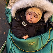 Manil a rejoint le concours — aidez-le/la à gagner de superbes lots ! baby, child, pram, stroller, jacket, hood, hat, knit_hat, fur_trim, outdoor, autumn, fall_leaves, green, black_clothing, cute, cold_weather, cozy, portrait, infant, person