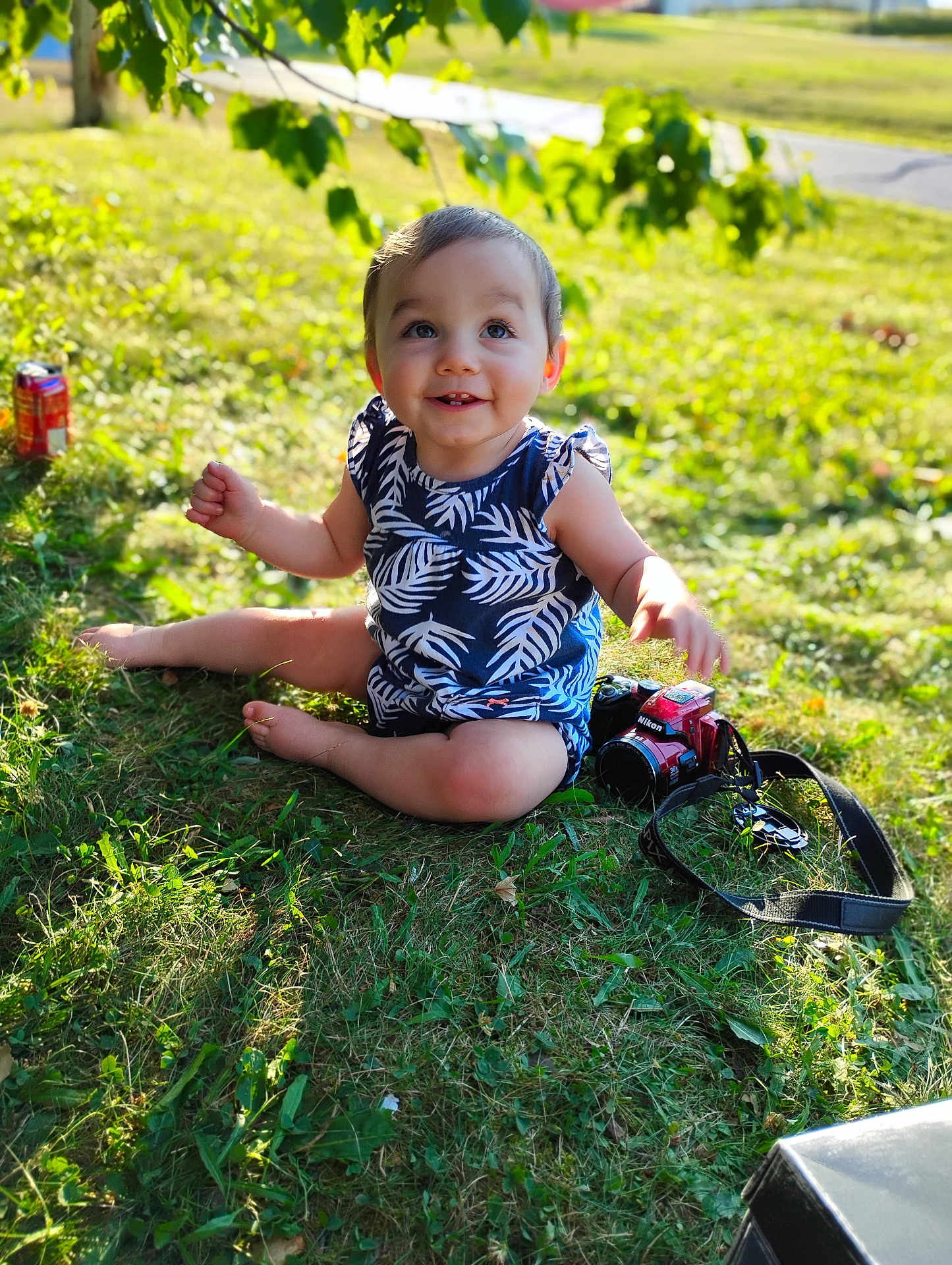 Amelia is registered to the contest to win money with this photo: baby, child, grass, outdoor, sunlight, smile, camera, leaf_pattern, blue_clothing, nature, greenery, sitting, happy, face, person, summer, park, toy, cute, eyes