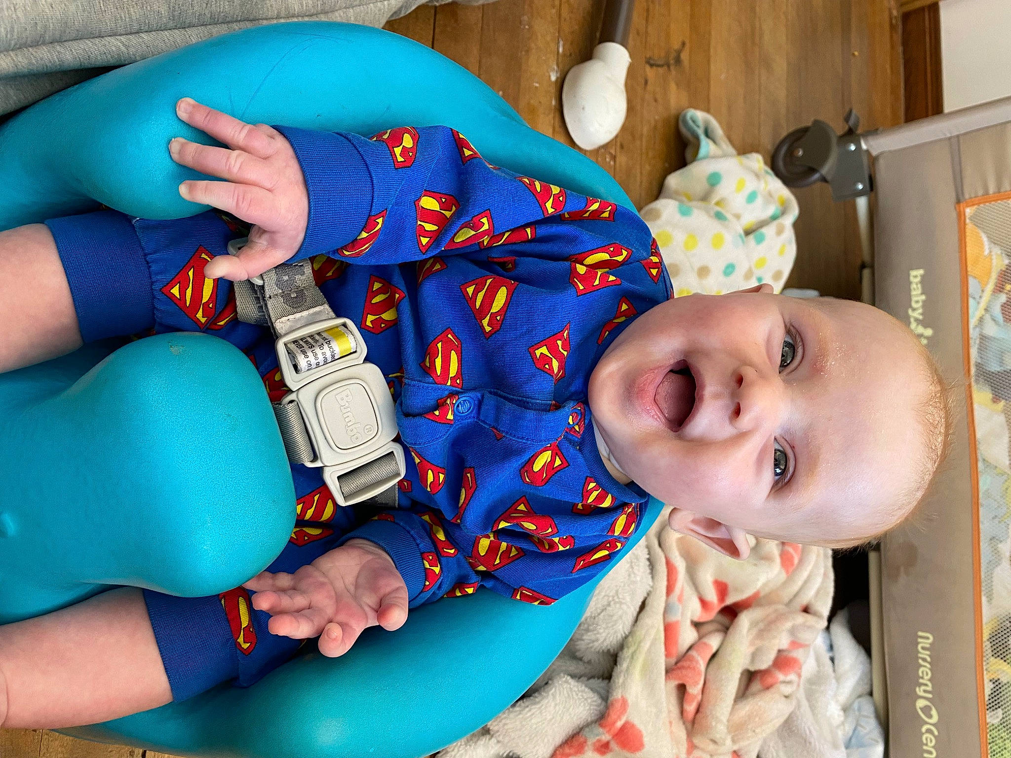 Auston is registered to the contest to win money with this photo: baby, baby_products, baby_toddler_clothing, blue, child, electric_blue, fun, hand, happy, hat, human_leg, knee, mouth, nail, person, play, product, smile, thumb, toddler