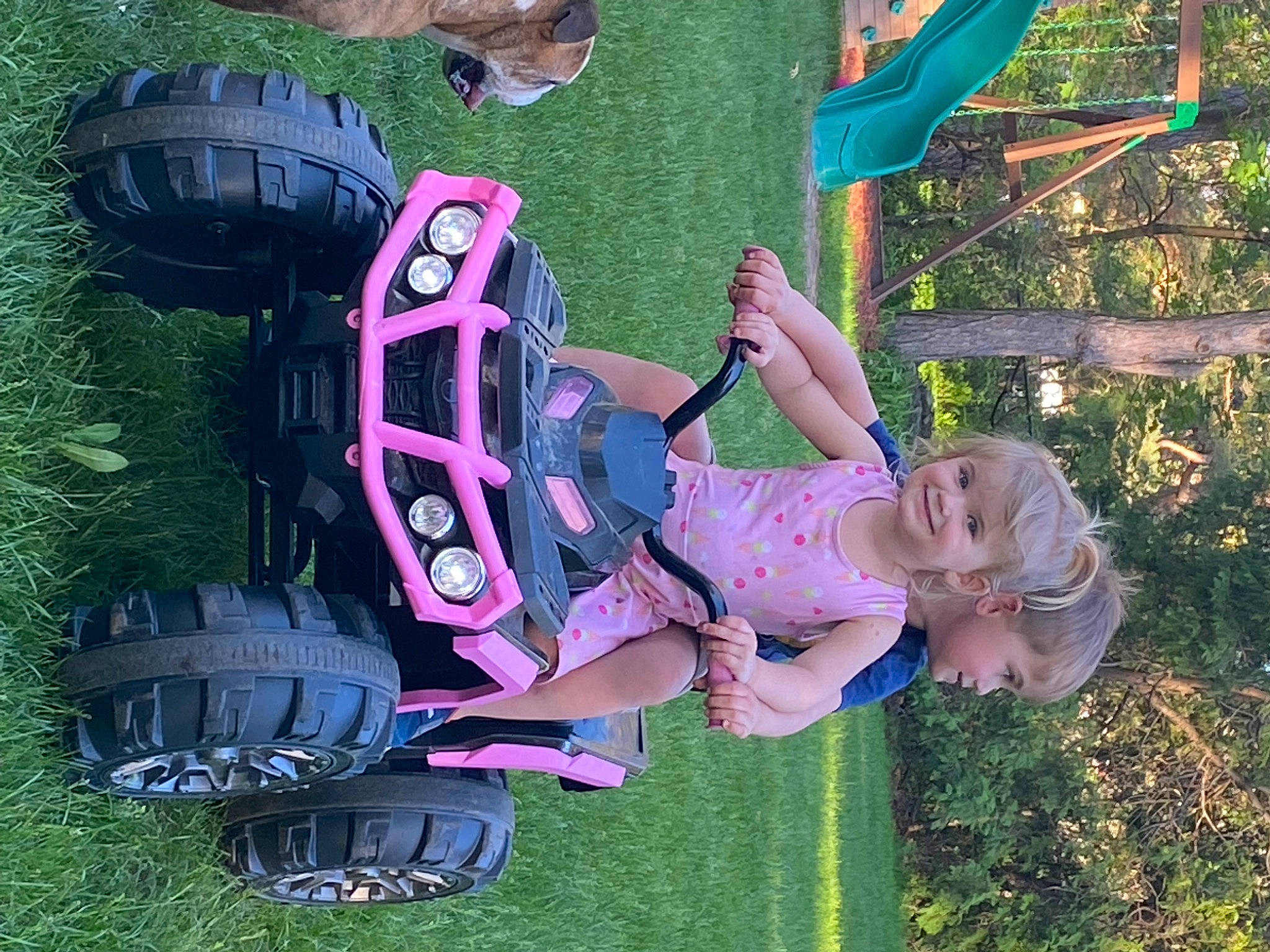 Quincy is registered to the contest to win money with this photo: auto_part, automotive_exterior, automotive_tire, automotive_wheel_system, bumper, fun, grass, green, happy, joy, leisure, motor_vehicle, person, pink, plant, recreation, shorts, smile, tire, toddler