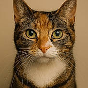 Luna joined the competition — help win amazing prizes! cat, tabby, close_up, portrait, animal, pet, whiskers, green_eyes, fur, ears, nose, face, mammal, domestic_animal, looking_at_camera, indoor, beige_background, serious_expression, cute, feline