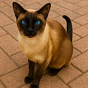 Rosie joined the competition — help win amazing prizes! cat, siamese_cat, blue_eyes, animal, pet, feline, sitting, outdoor, brick_pavement, fur, whiskers, tail, alert, closeup, mammal, domestic_animal, portrait, cute, brown, black
