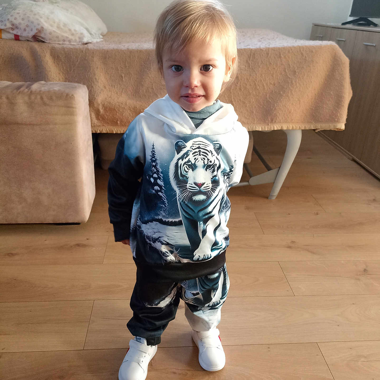 Santiago Loureiro a rejoint le concours — aidez-le/la à gagner de superbes lots ! bed, blanket, cabinet, child, clothing, floor, hair, hoodie, indoor, pants, person, portrait, room, smile, standing, television, tiger_print, toddler, white_sneakers, wooden_floor