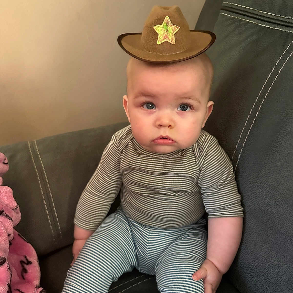 Johnny joined the competition — help win amazing prizes! baby, clothing, costume, couch, cowboyhat, cushion, face, furniture, hat, head, homedecor, jeans, pajamas, pants, person, photography, portrait, sitting, sleeve, sunhat
