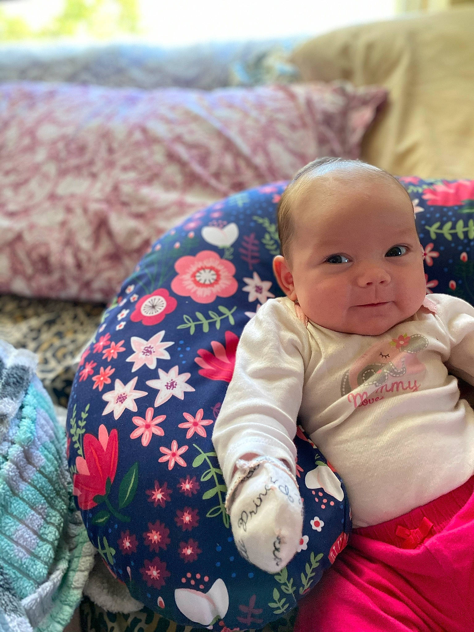 Amiya joined the competition — help win amazing prizes! baby, cheek, child, linens, pattern, person, pink, play, sitting, skin, textile, toddler