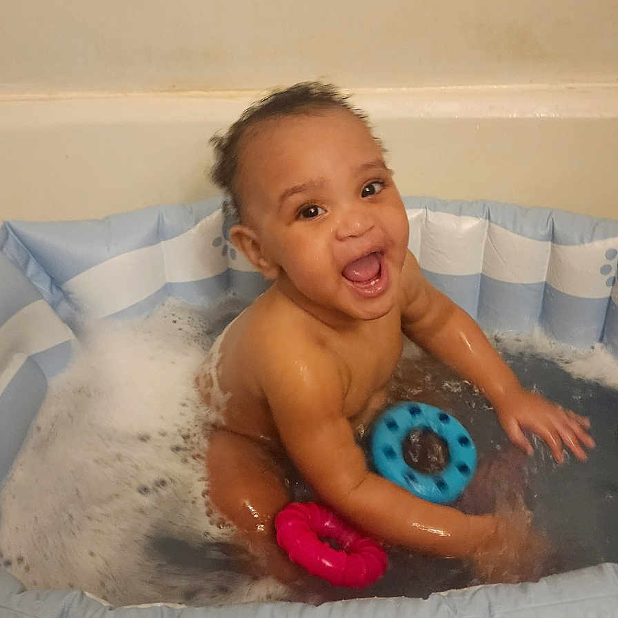 Lux joined the competition — help win amazing prizes! baby, bath, bathtub, bubbles, child, colorful_toys, foam, happy, infant, inflatable_bathtub, joyful, kid, play, polka_dot_towel, smiling, splashing, toy, water, wet, young_child