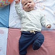 Riley participe au concours pour gagner de l'argent avec cette photo : baby, blue_pants, child, colorful, cute, expression, face, floor_mat, hands, indoor, infant, lying_down, pajamas, person, play_mat, raising_arm, soft_toy, toy, white_shirt, young_child