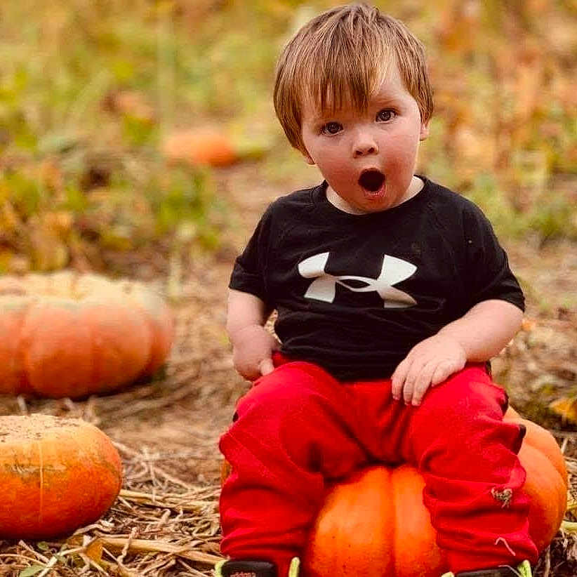 Corey joined the competition — help win amazing prizes! boy, child, face, festival, food, halloween, head, male, person, photography, plant, portrait, produce, pumpkin, sitting, squash, surprised, vegetable, yawning