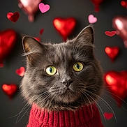 Jason Meowmowa is registered to the contest to win money with this photo: cat, gray_cat, yellow_eyes, red_sweater, heart_balloons, valentines_day, cute, portrait, pet, feline, indoor, holiday, celebration, knitwear, fluffy, adorable, animal, love, festive, background
