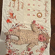 Ambre a rejoint le concours — aidez-le/la à gagner de superbes lots ! baby, infant, smiling, bow_headband, blanket, milestone_blanket, numbers, wooden_ring, floral_pattern, deer_illustration, owl_illustration, leaves, wood_floor, onesie, patterned_tights, headwrap, lying_down, happy, face, playmat