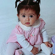 Samantha joined the competition — help win amazing prizes! toddler, child, girl, pigtails, pink_dress, white_tights, white_shoes, indoor, portrait, cute, curious, sitting, baby, face, expression, young_child, studio, clothing, fashion, soft_lighting