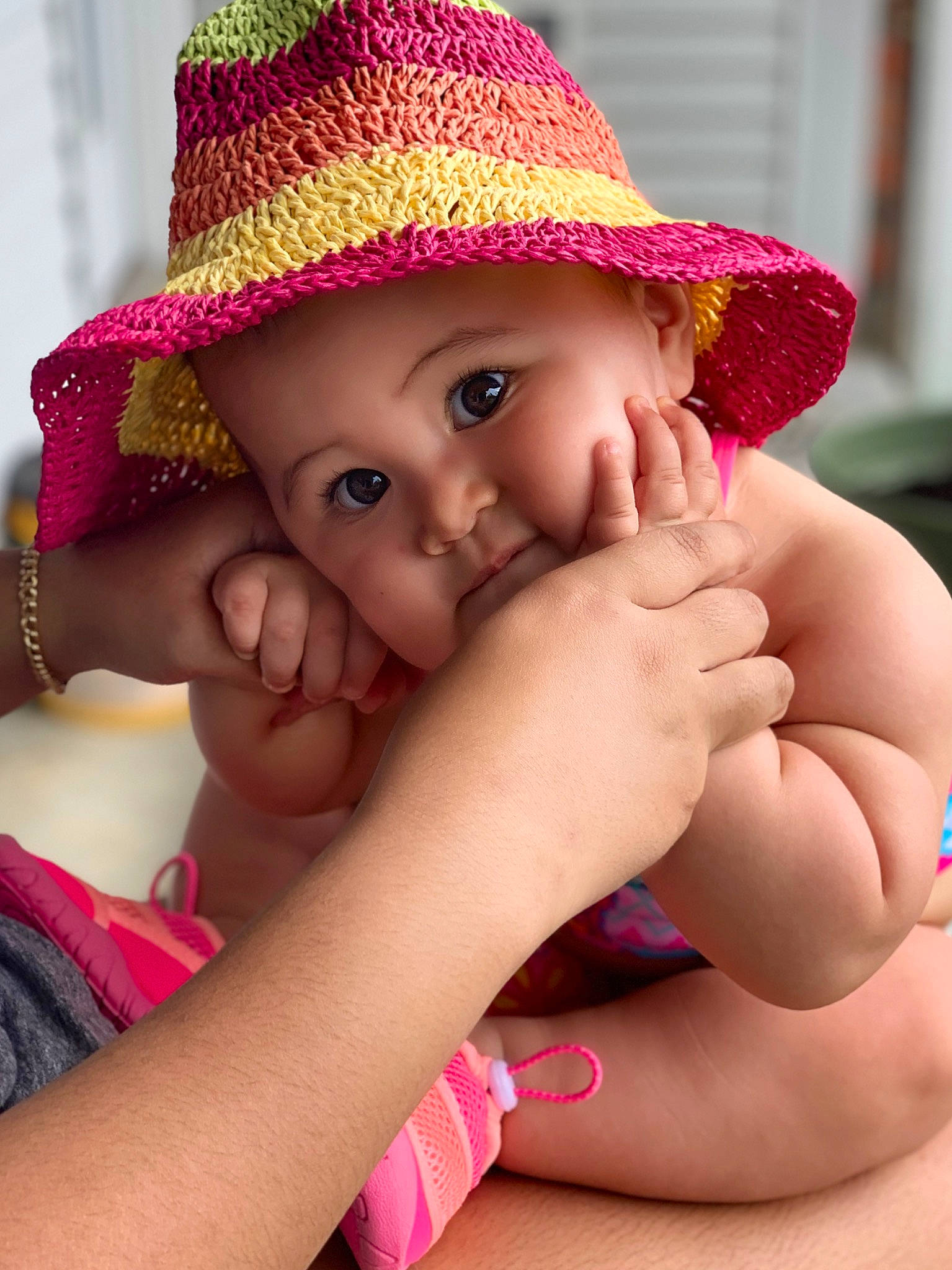 Hallie joined the competition — help win amazing prizes! baby, cap, cheek, child, fashion_accessory, finger, hand, hat, headgear, headwear, lip, magenta, mouth, nail, nose, person, pink, skin, smile, sun_hat