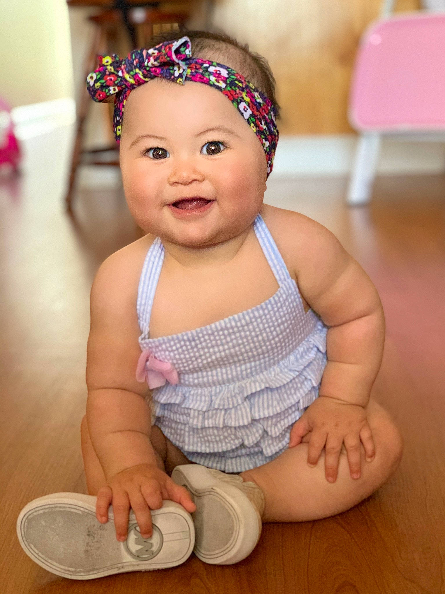 Hallie joined the competition — help win amazing prizes! baby, baby_toddler_clothing, cheek, child, child_model, fashion_accessory, finger, hair_accessory, happy, headband, headgear, headpiece, headwear, joy, person, pink, skin, toddler