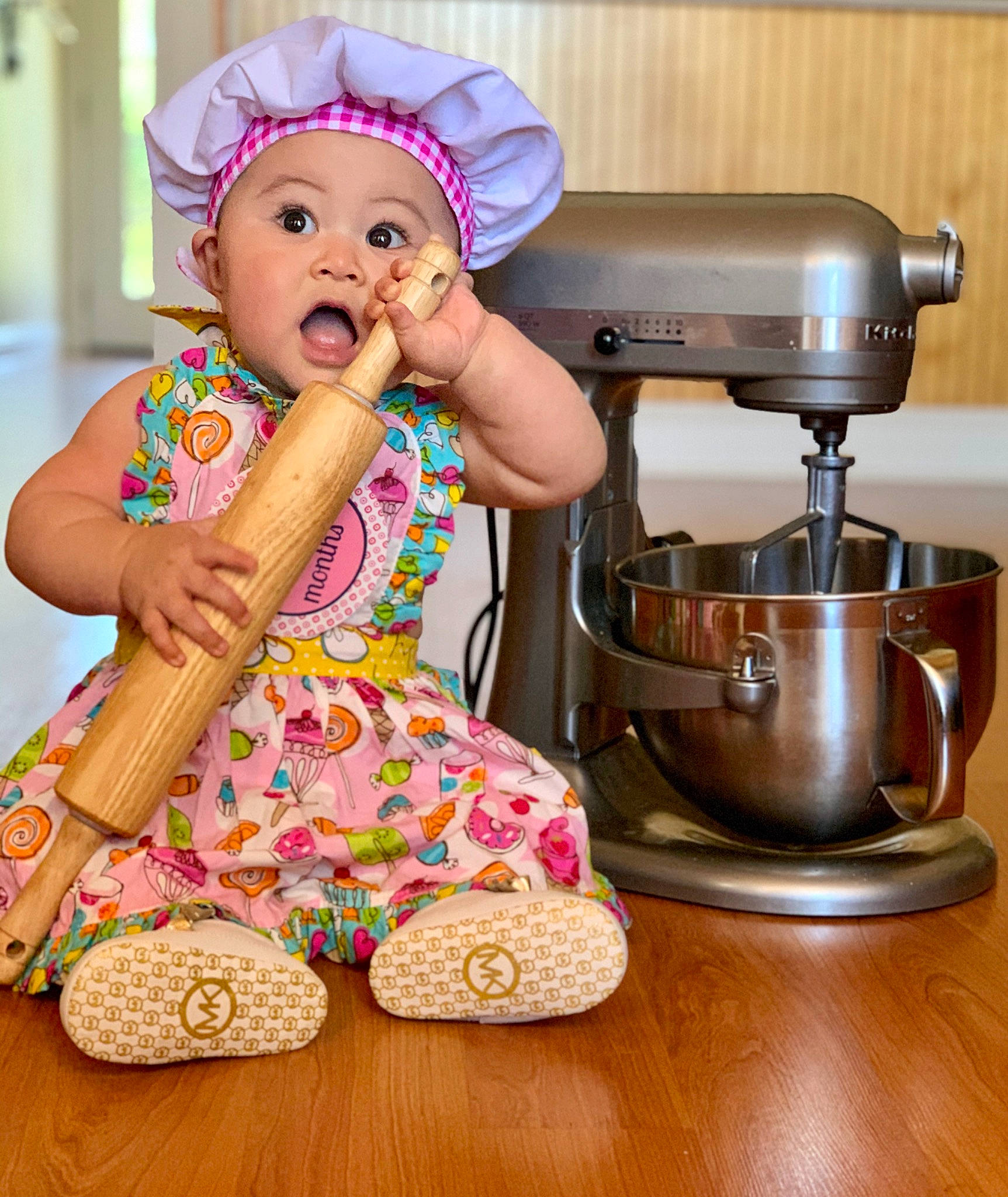 Hallie joined the competition — help win amazing prizes! baking, child, cook, cooking, cuisine, food, headwear, kitchen_appliance, kitchen_utensil, mixer, person, small_appliance, snack, surprise, toddler