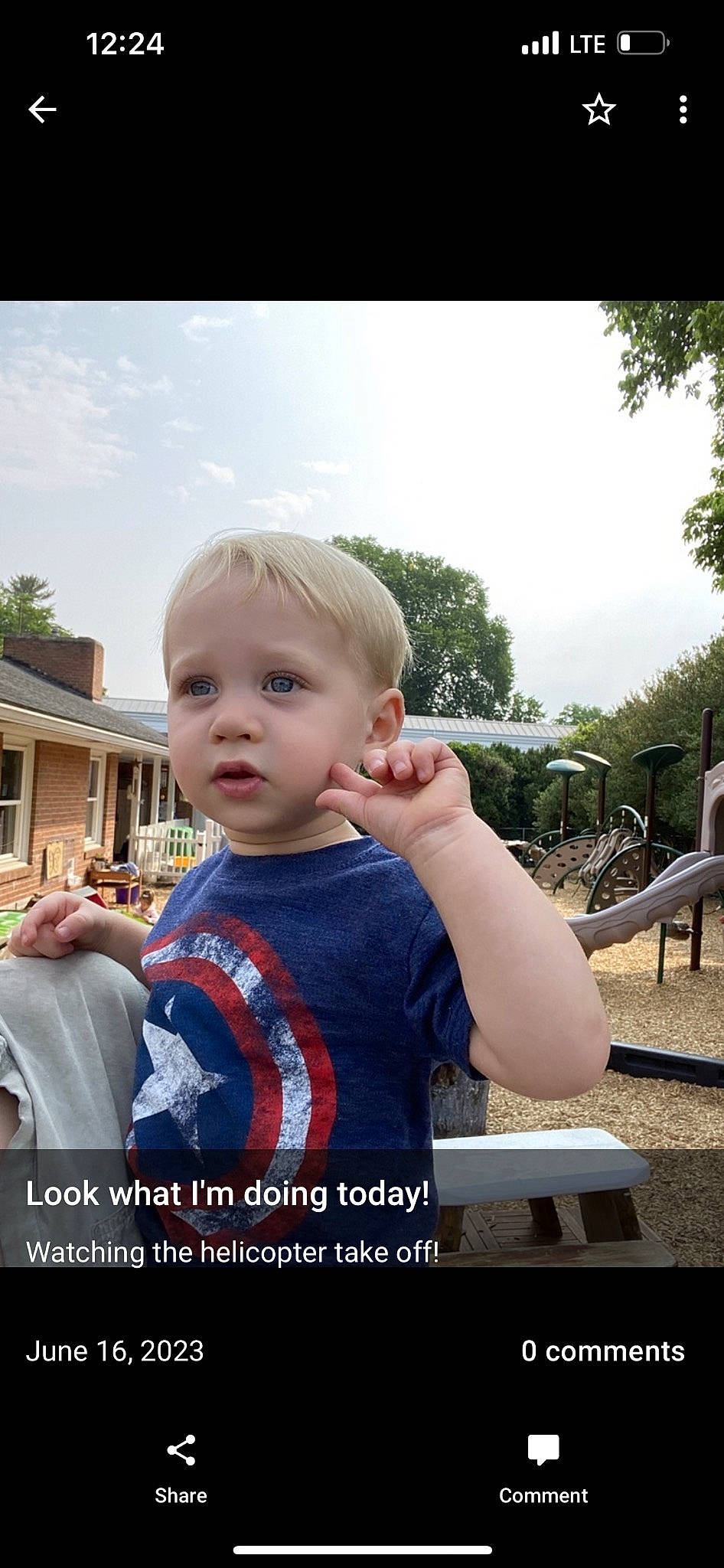 Layton joined the competition — help win amazing prizes! baby, child, city, cloud, cool, fun, grass, happy, leisure, outdoor_furniture, person, photo_caption, plant, play, recreation, sitting, sky, t_shirt, toddler, tree