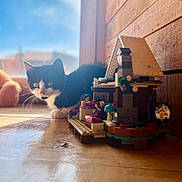 Albie participe au concours pour gagner de l'argent avec cette photo : cat, kitten, black_and_white, lego, toy, house, wooden_wall, table, indoor, curious, pet, animal, playful, small, closeup, sunlight, window, furniture, domestic, cute