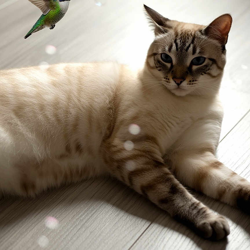 Hazy joined the competition — help win amazing prizes! animal, avian, bird, cat, closeup, companion, feline, floor, fluffy, hovering, hummingbird, indoor, mammal, nature, pet, relaxed, striped, sunlight, wildlife, wooden_floor